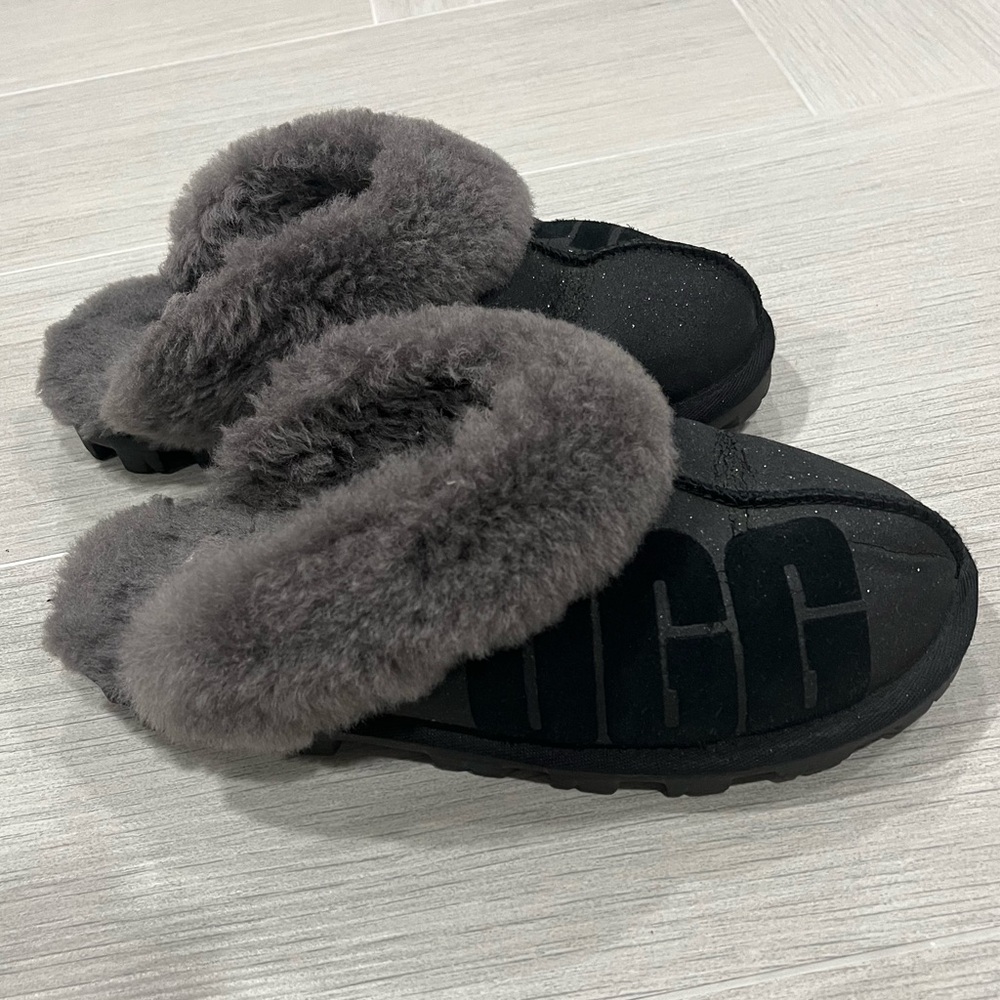 UGG Black Slippers with Plush Gray Lining